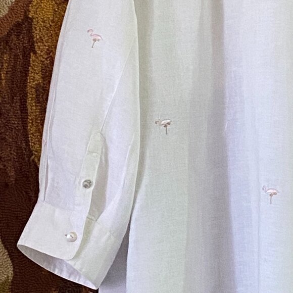 Edward Irish Linen Sz 2X White Blouse Shirt 3/4 Sleeve Embroidered Flamingo - Picture 8 of 11